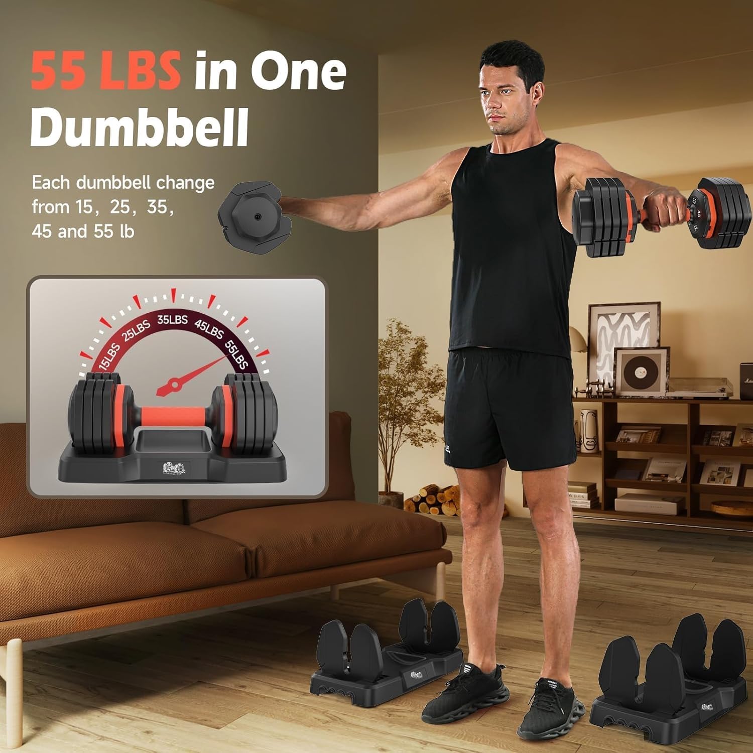 25LB 55LB Adjustable Dumbbells Set, 5LB to 25LB Dumbbell Pair,15LB to 55LB Weight Set of 2, Home Gym 50lbs/110lbs, Anti-Slip Handle for Exercise Equipment - Image 3