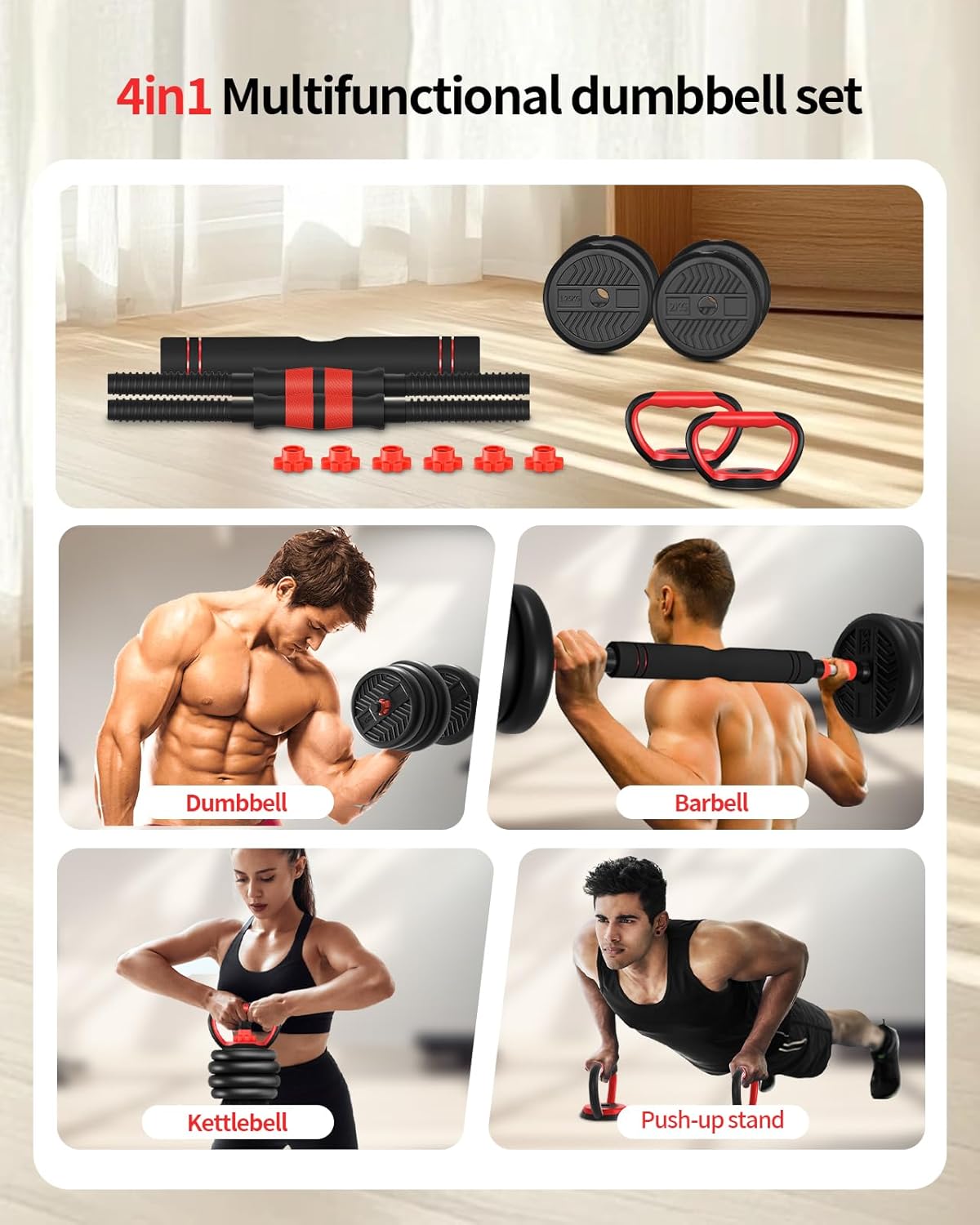 Adjustable Dumbbells,20/30/40/60/80lbs Free Weight Set with Connector, 4 in1 Dumbbells Set Used as Barbell/Kettlebells/Push up Stand, Fitness Workout Equipment for Home Gym for Youth,Women/Men - Image 4