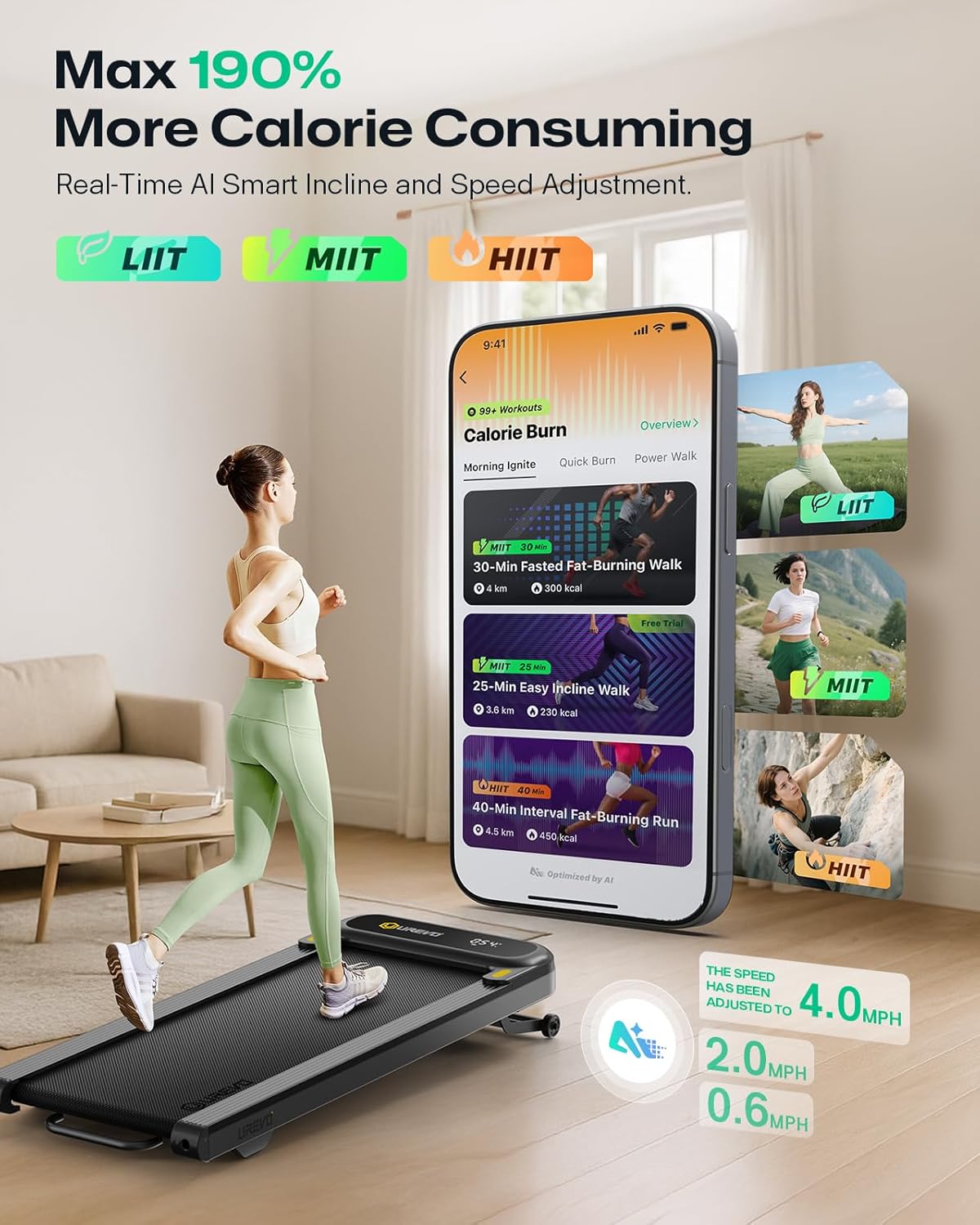 Smart Treadmill with 9% Auto Incline, Hiking and Running Walking Pad Treadmills for Home Office, Treadmill with UREVO APP, AI Powered Music Course, HIIT Programs Synced to Scenic Route, One-Click Mute - Image 3