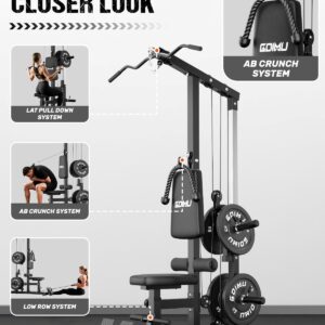 LS01 LAT Pulldown Machine, LAT Row Cable Machine with AB Crunch, LAT Tower with Cable Row Attachments, 3 in 1 Pulley Stations for Home Gym