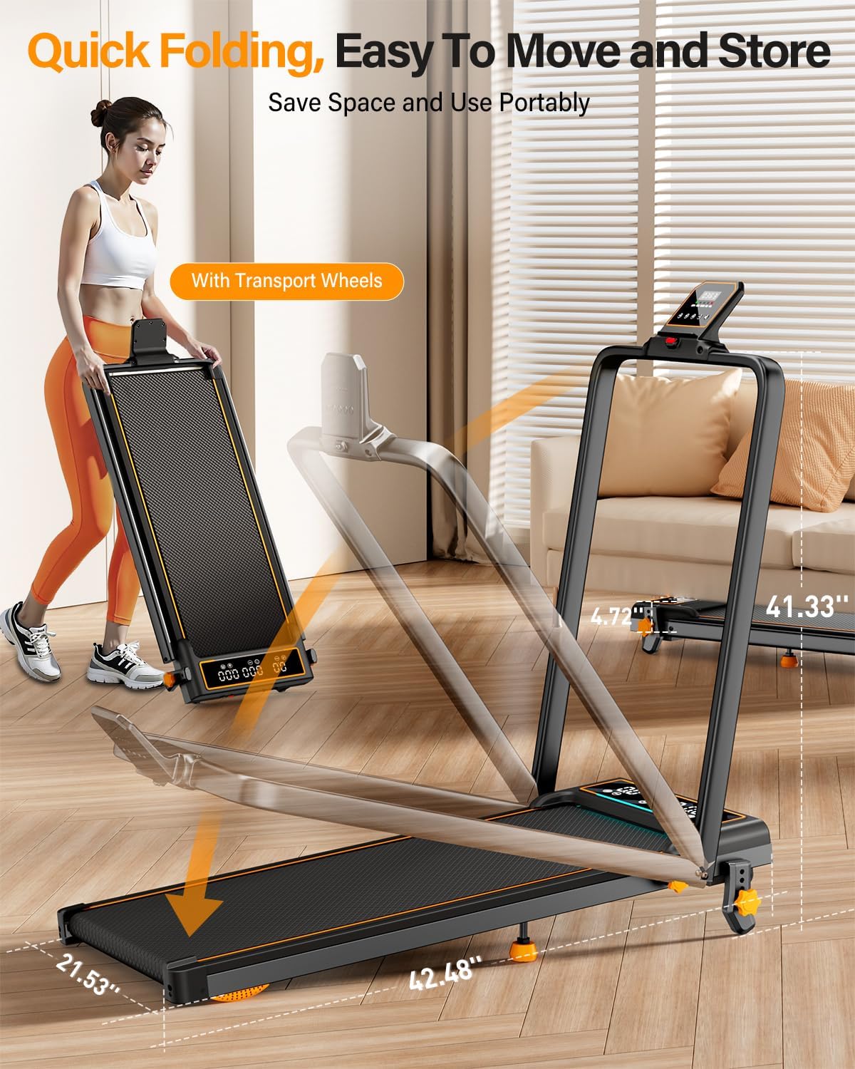 Treadmill Walking Pad with 10% Incline/Handle Bar/2 LED Display, 3.5HP Portable Treadmills for Home Small, Foldable Walking Pad Treadmill 350+lb Capacity, Smart App, 4 Adjustable Incline, RGB Light - Image 7