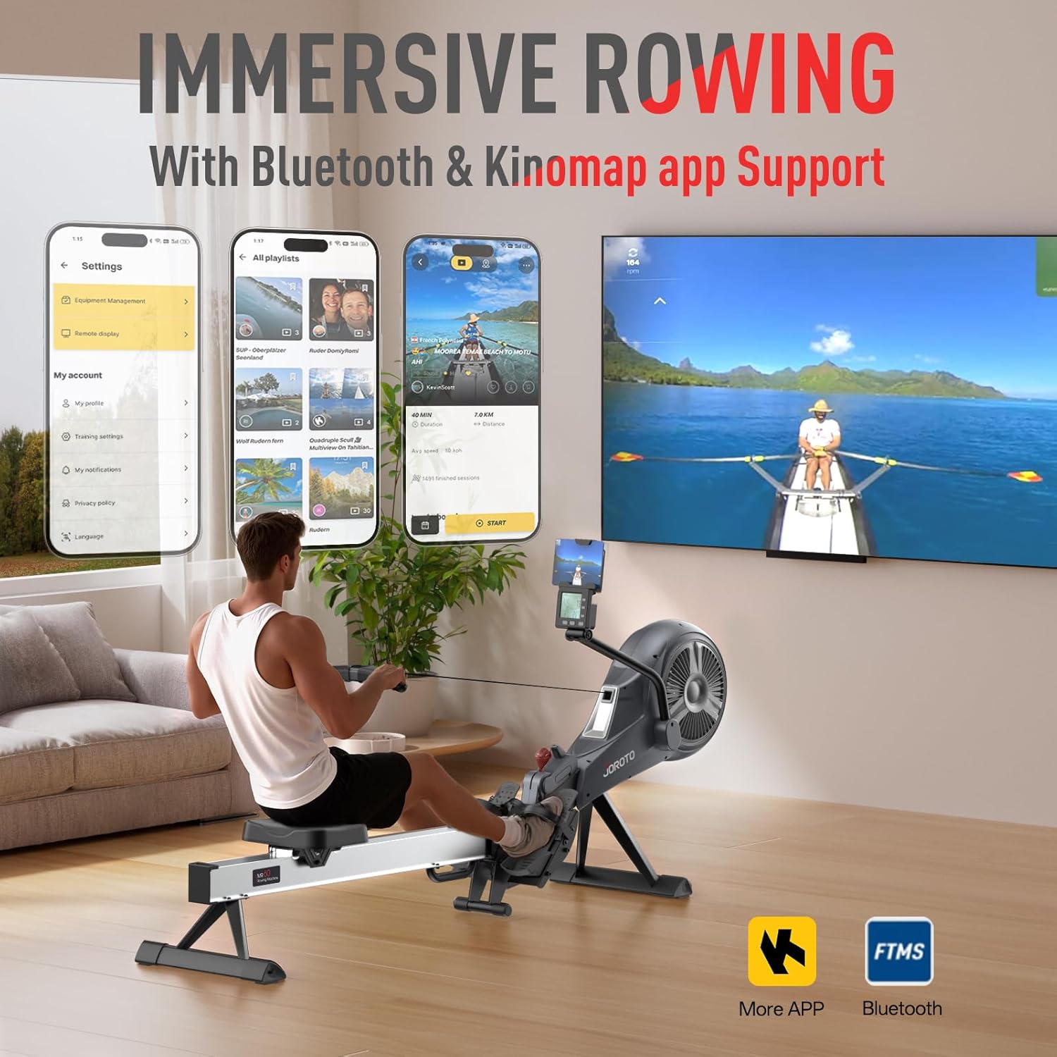 JOROTO Rowing Machine for Home Foldable, Air Magnetic Rowing Machines with 10-Level Adjustable Resistance, Quiet Ergonomic Seat,Bluetooth App, Max 350LBS, Space-Saving Home Gym, Gray - Image 6