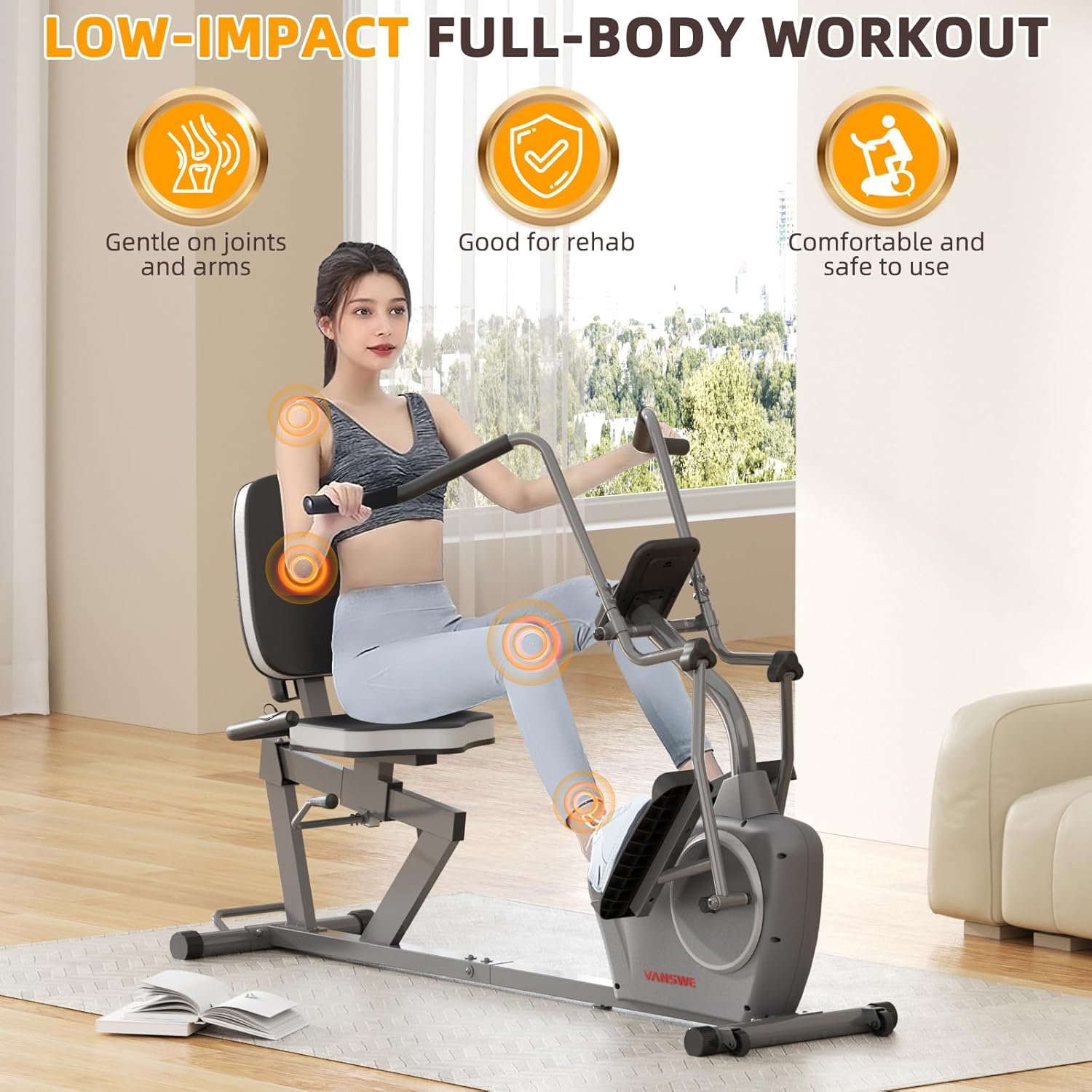 VANSWE Recumbent Exercise Bike for Adults Seniors - Recumbent Bikes for Home with Magnetic Resistance, Bluetooth and App Connectivity, Pulse Sensor - Image 5