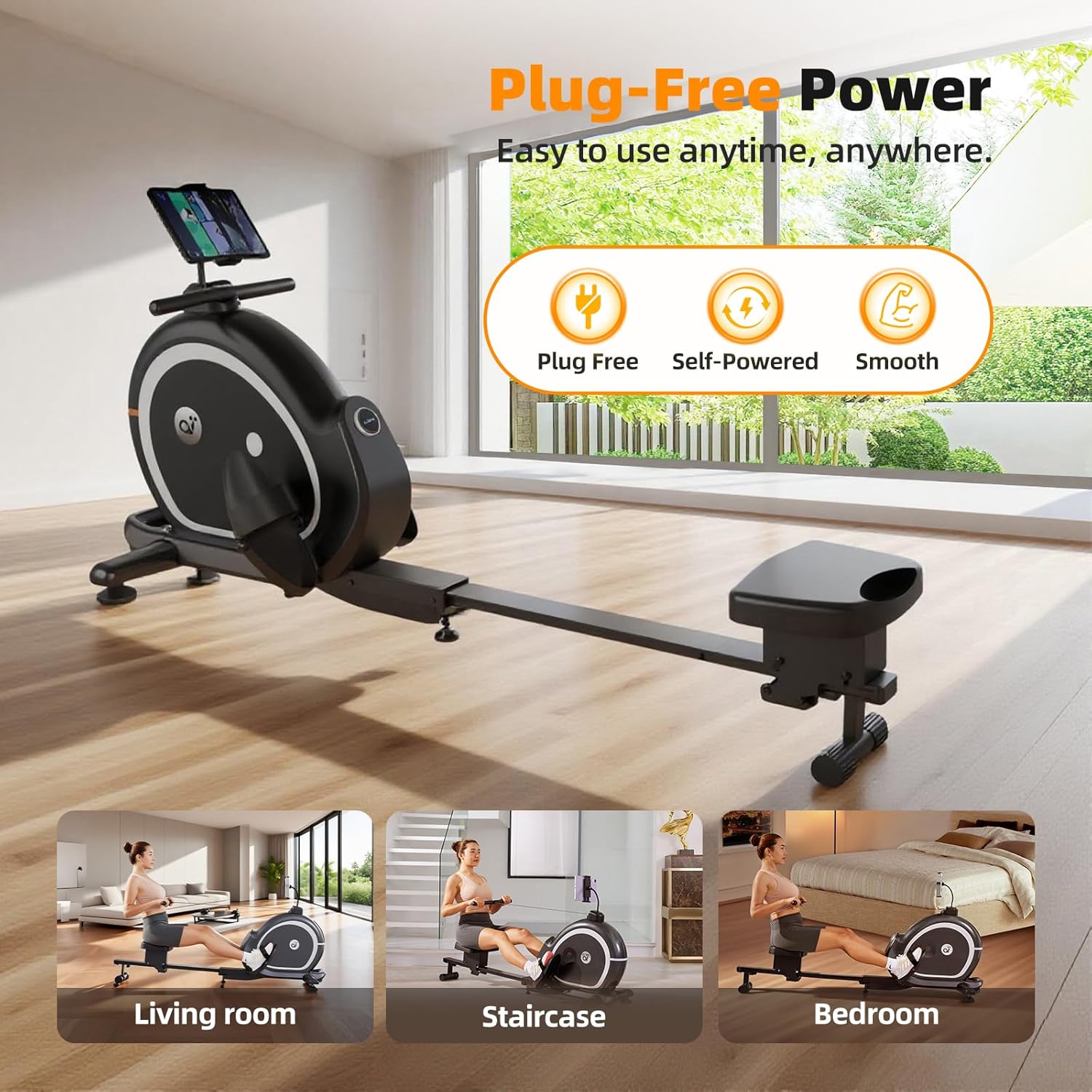 Magnetic Rowing Machine for Home, Compact Smart Rower with One-Touch Fold, 16 Levels Quiet Resistance, Bluetooth Heart Rate, 300LB Capacity, Self-Powered Design for Small Spaces - Image 4