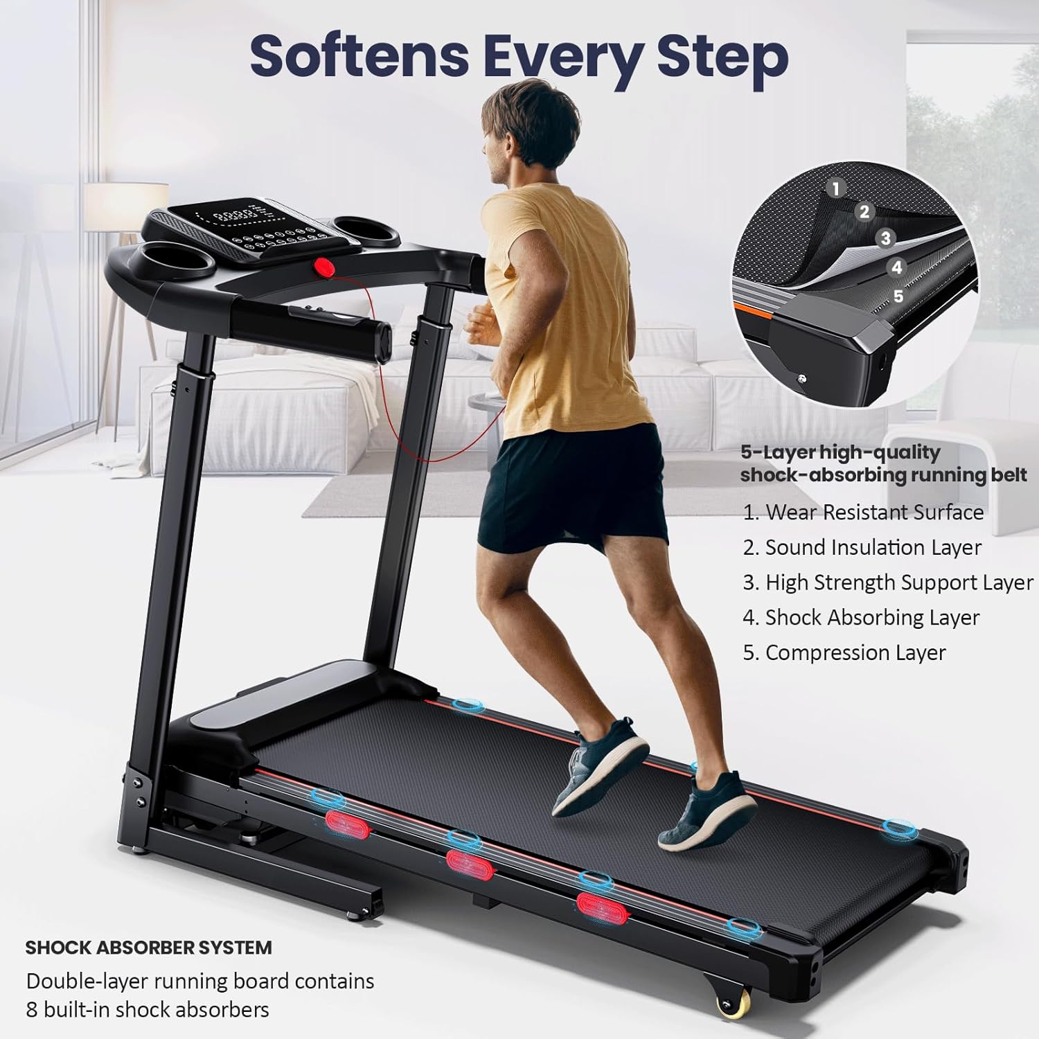 3.5 HP Treadmill with Auto Incline for Home - Heavy Duty Running Treadmill with Handle Bars, Speaker, 300 lb Weight Capacity - Image 4