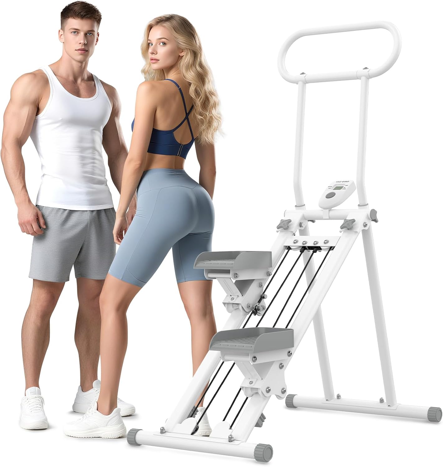 Stair Stepper for Exercise at Home, Foldable Compact Space Cardio Vertical Climbing Stairs Machine, Stair Master with Adjustable Height Handle, Anti-Slip Pedal