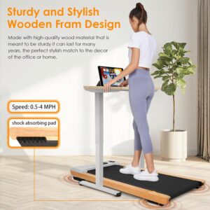 Wood Walking Pad Treadmill for Home Office, Portable Treadmills with Incline, Quiet 2.5HP Walking Machine with Remote Control, Wheels and LED Display, Installation-Free, 300lbs