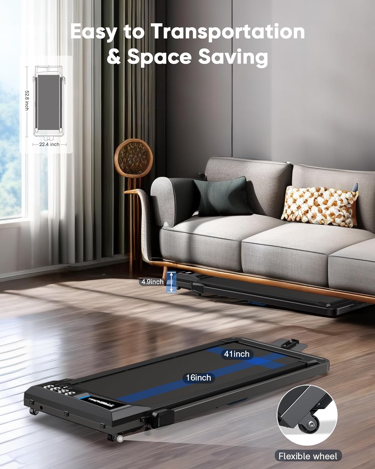 COZYINN 10% Incline Walking Pad - 2.5HP 4MPH/7.6MPH 265/340+lb Capacity Treadmills for Home, Portable Foldable Adjustable Incline Treadmill with Wide Running Area, Mute Control, Works with KINOMAP - Image 9