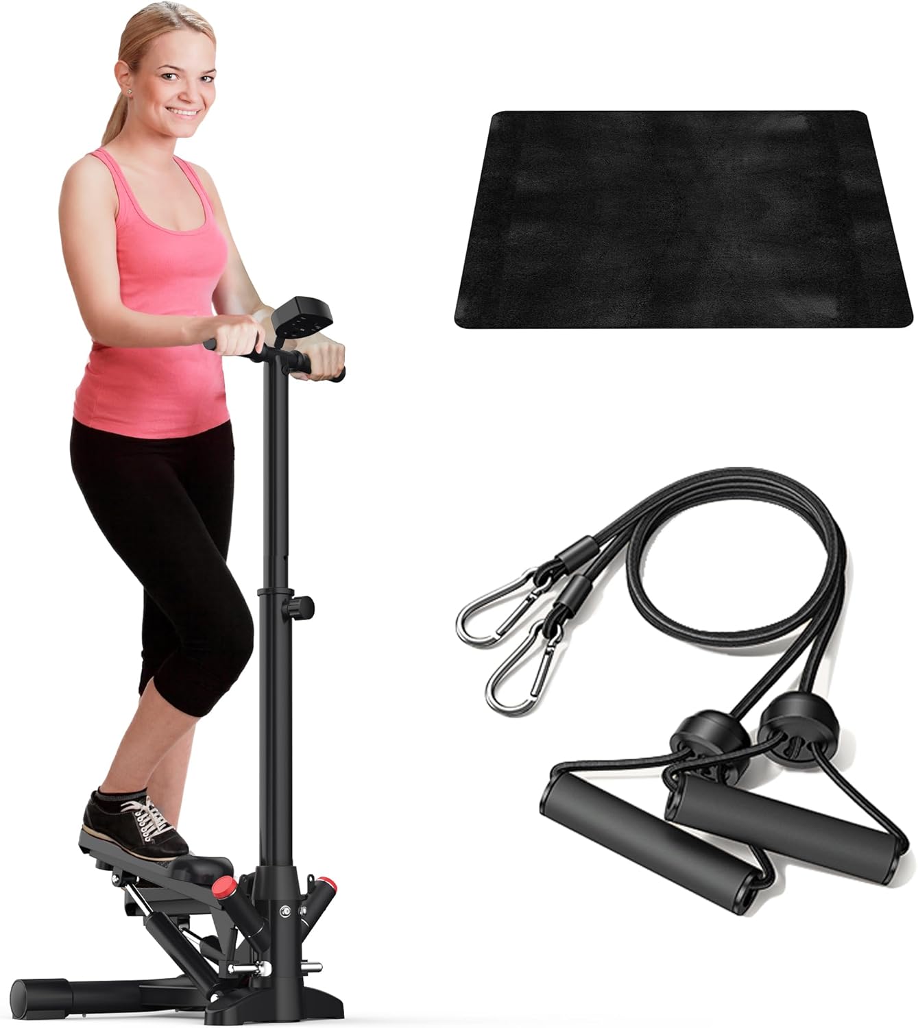 Steppers for Exercise at Home,Mini Stair Stepper with Handlebar and Resistance Bands,Stair Step Workout Machine,Total Body Cardio Equipment, Optional Twist Motion,Non-Slip Pedals – 300 LB Max Weight