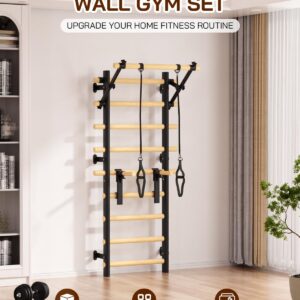Swedish Ladder Wall Gym, Wooden Wall-Mounted Stall Bars with Pull-up Bar & Exercise Straps & Dip Bars, Stretching Ladder Full Body Home Gym Adults New