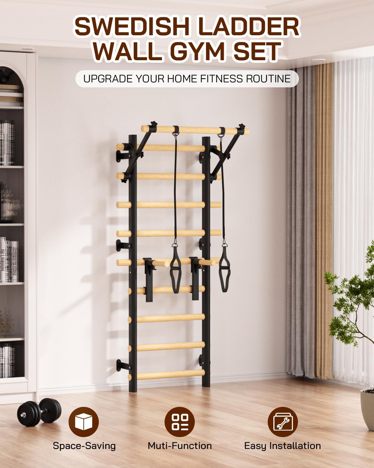 Swedish Ladder Wall Gym, Wooden Wall-Mounted Stall Bars with Pull-up Bar & Exercise Straps & Dip Bars, Stretching Ladder Full Body Home Gym Adults New - Image 2