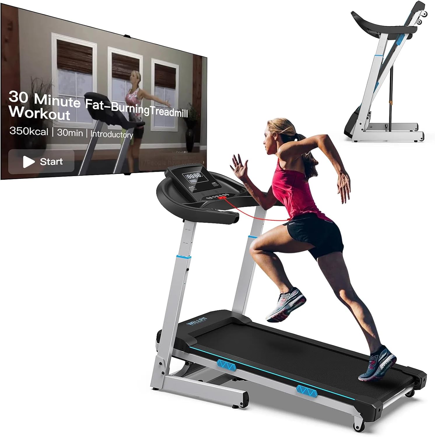 WELLFIT TM007 Auto Incline Treadmill, 4.0HP Heavyduty Treadmill for 400lbs+ Capacity, Adjustable Height for 5'2"- 6'4", 95% Assemble, 45*18 Large Running Area, 8.7MPH, Foldable Commercial Treadmills