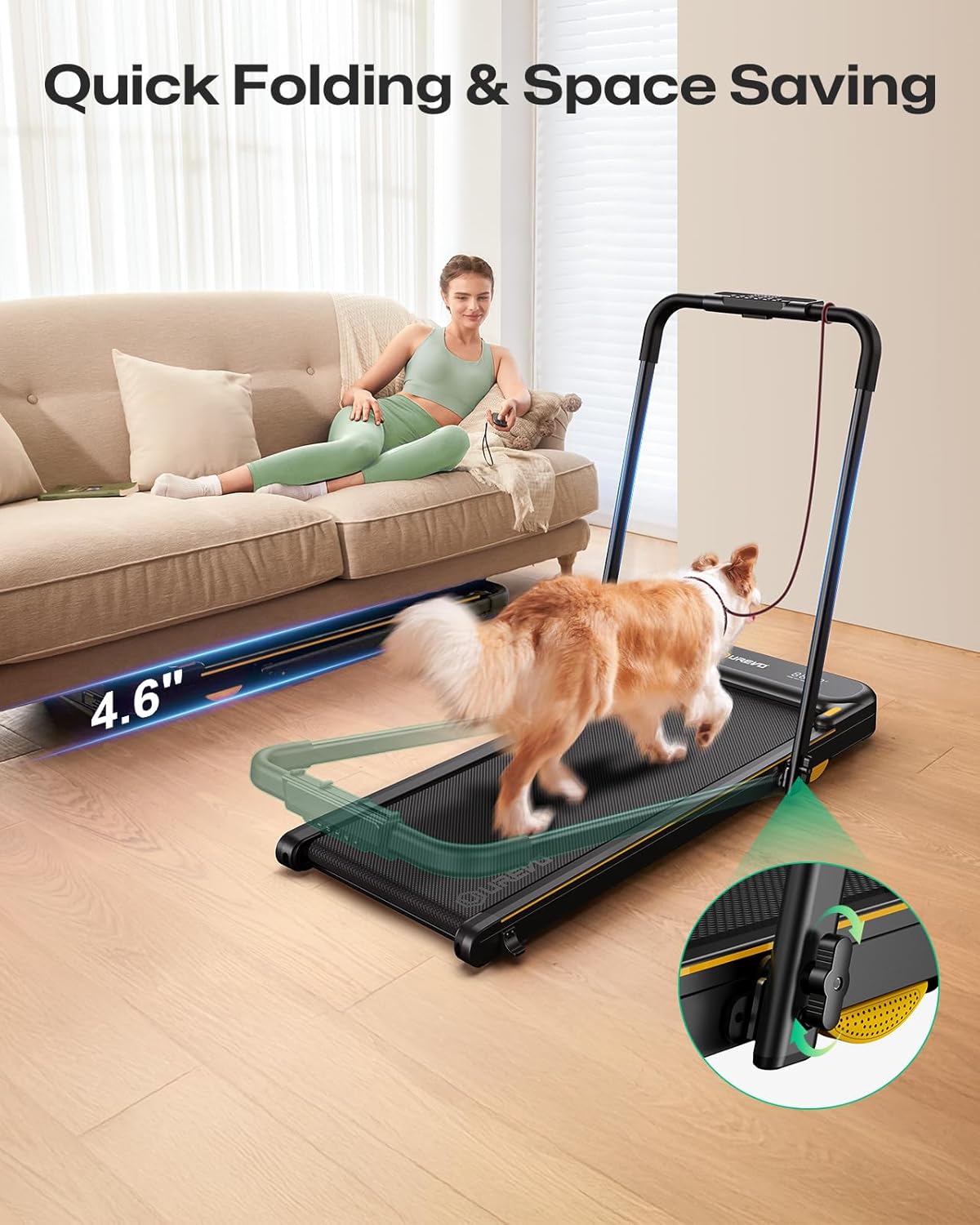 UREVO Strol 2E Smart 2-in-1 Folding Treadmill, Compact Walking Pad with Safety Handle, Plug and Play, Dual LED Display, Workout APP, Walking or Running for Home Office, Remote Included - Image 8