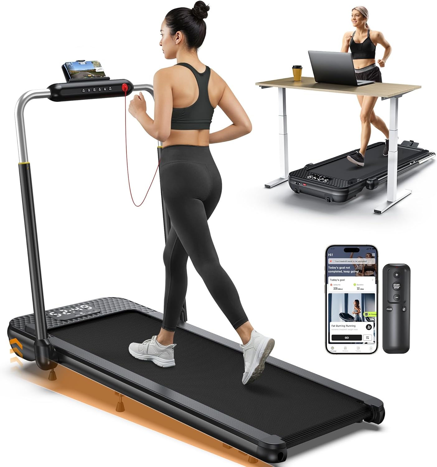 WELLFIT 10% Incline Foldable Walking Pad Treadmill with Handle Bar for Home, 360 LBS Capacity, 7.6MPH Max Speed,Wide Shock Absorbing Deck, 3.0HP Low Noise, for APP/Mute Remote