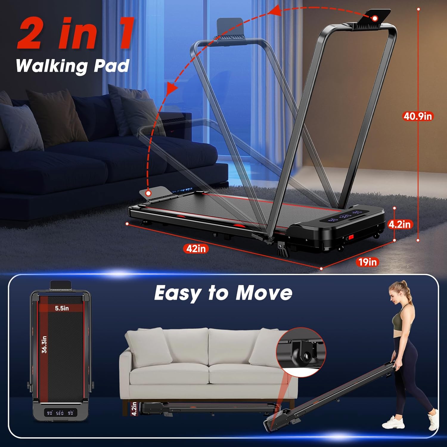 Walking Pad Treadmill with Incline, Advzon Portable Under Desk Treadmill for Home, 2 in 1 Walking Running Machine with 300+ lbs Capacity and LED Display - Image 3