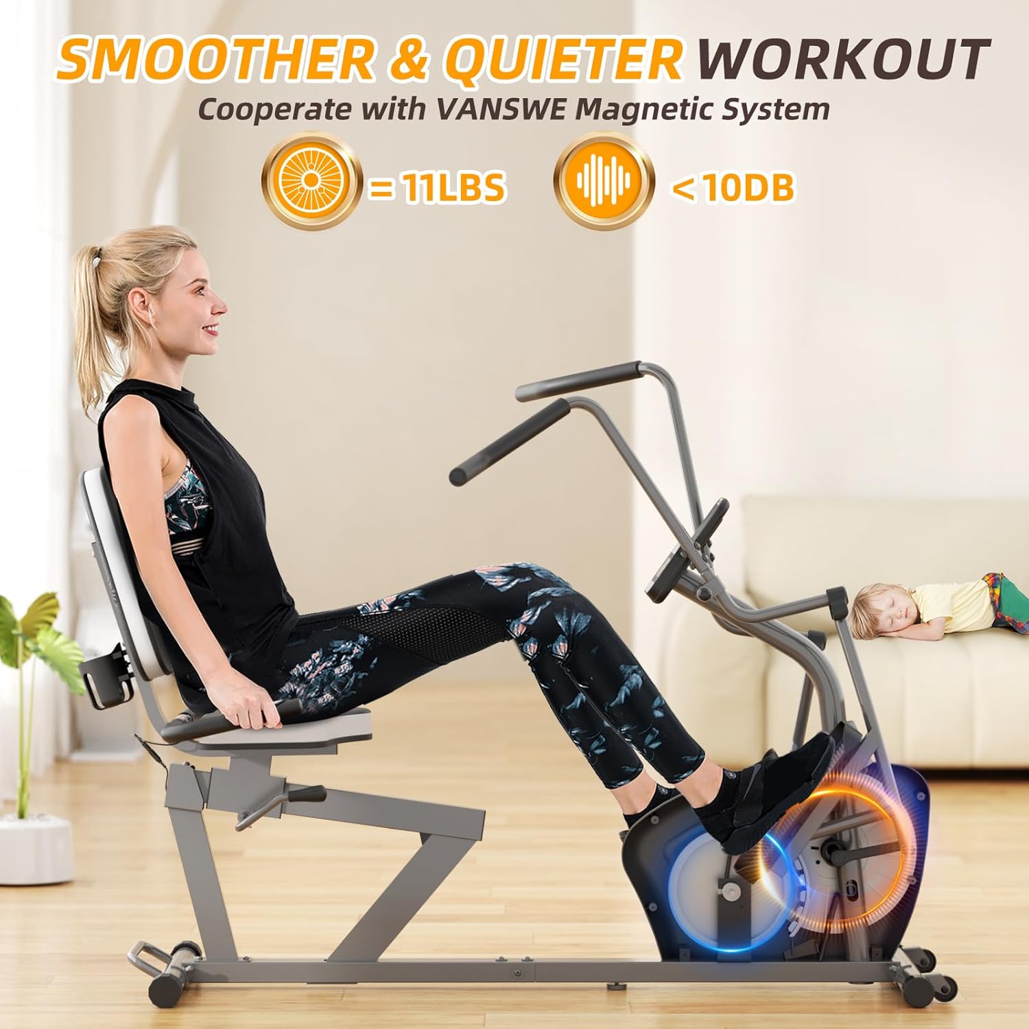 VANSWE Recumbent Exercise Bike for Adults Seniors - Recumbent Bikes for Home with Magnetic Resistance, Bluetooth and App Connectivity, Pulse Sensor - Image 3