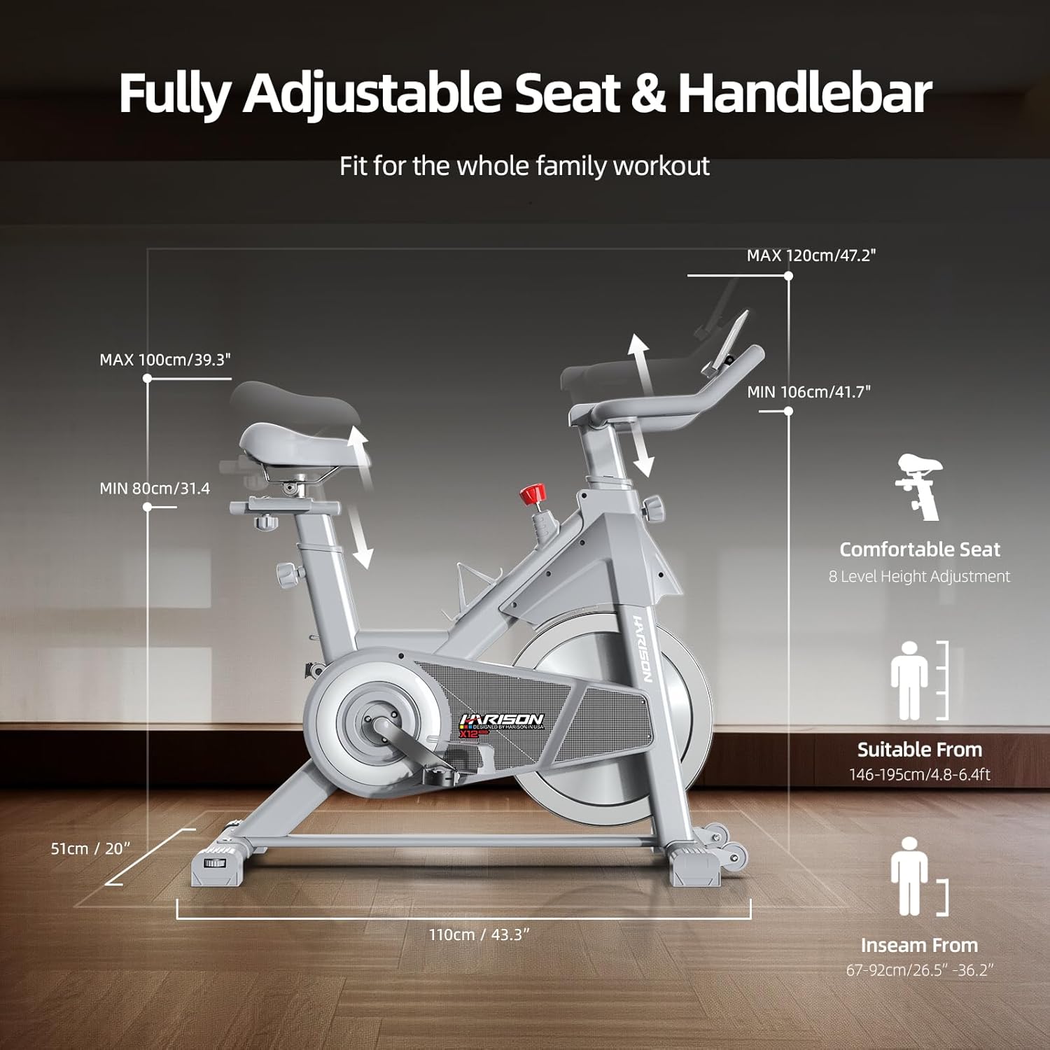 HARISON Semi-Commercial Exercise Bike 400 lbs Capacity, Magnetic Stationary Bikes for Home Gym with Bluetooth & Tablet Holder & Comfortable Seat Cushion - Image 6