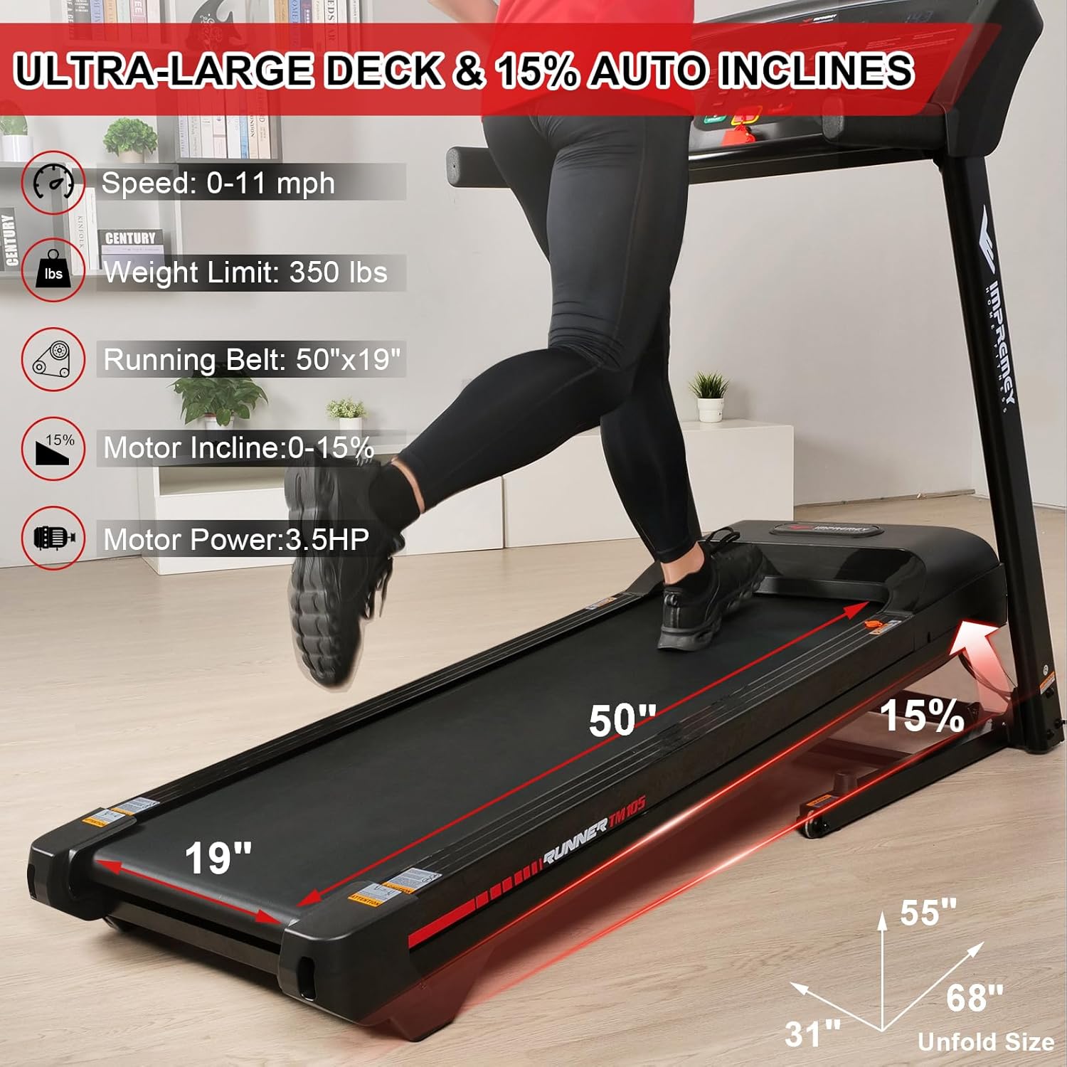 Impremey Folding Treadmill with Auto Incline 15%, 3.5HP, 350 Lb Capacity, 11 MPH, 50" x 19" Ultra Large Running Area, Heart Rate Monitor Armband, HRC Training for Home Walking and Running - Image 4