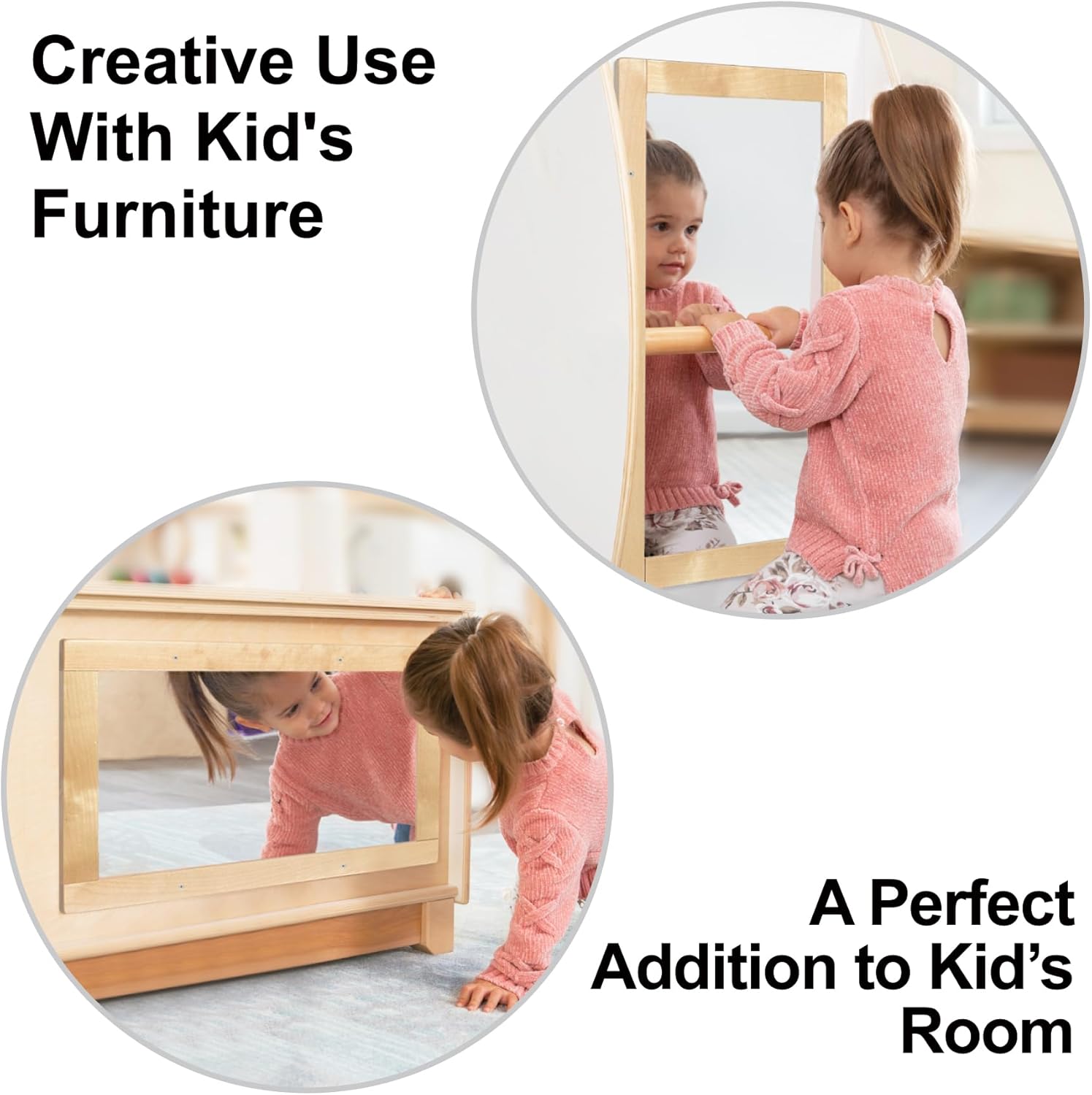 Baby Montessori Wooden Frame Non-Shatter Safety Mirror w/ 2 Pull Up Bars, Infant Coordination Small Mirror for 6-18 Months (Natural) - Image 3
