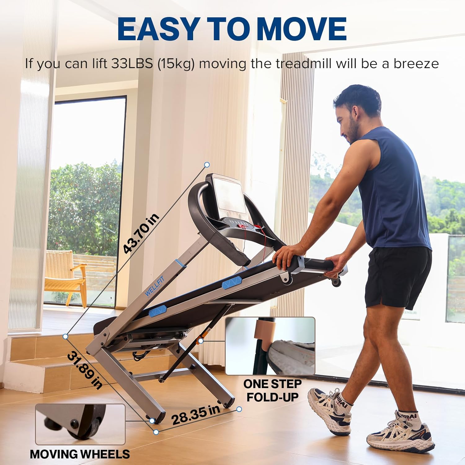 WELLFIT TM007 Auto Incline Treadmill, 4.0HP Heavyduty Treadmill for 400lbs+ Capacity, Adjustable Height for 5'2"- 6'4", 95% Assemble, 45*18 Large Running Area, 8.7MPH, Foldable Commercial Treadmills - Image 3
