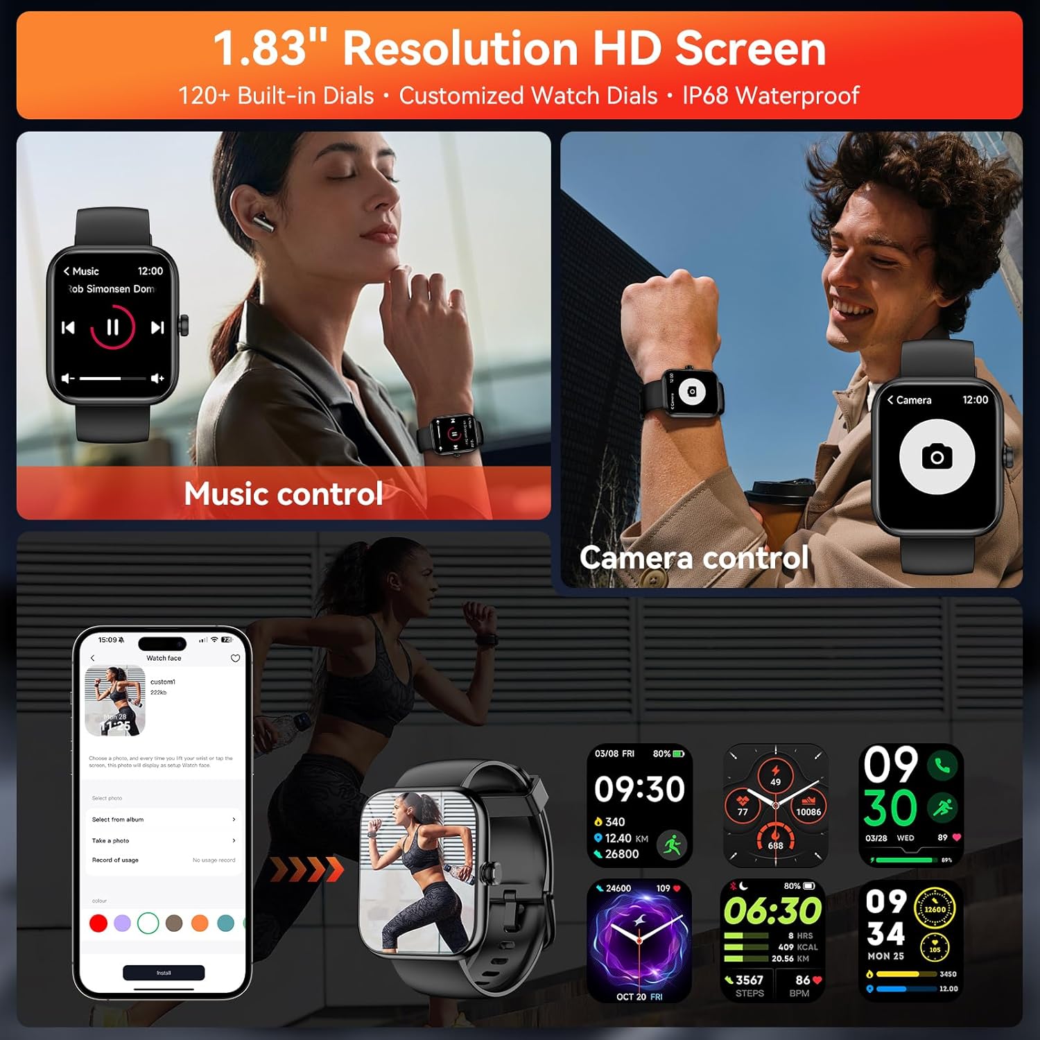 Smart Watch with Alexa Built-in, 1.83" HD Touchscreen Fitness Tracker, Bluetooth Notifications/Calls, IP68 Waterproof, 120+ Sport Modes, 24/7 Heart Rate & Sleep Monitor for iPhone Android iOS (Black) - Image 6