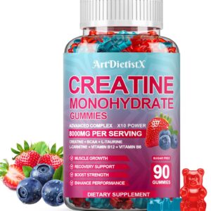Creatine Monohydrate 8000mg Gummies with BCAA, L-Carnitine, Taurine & Vitamin B12 – Pre Workout Supplement for Muscle Growth, Strength & Energy, Multi-Flavor Chewable Gummies, 90 Count for Men & Women