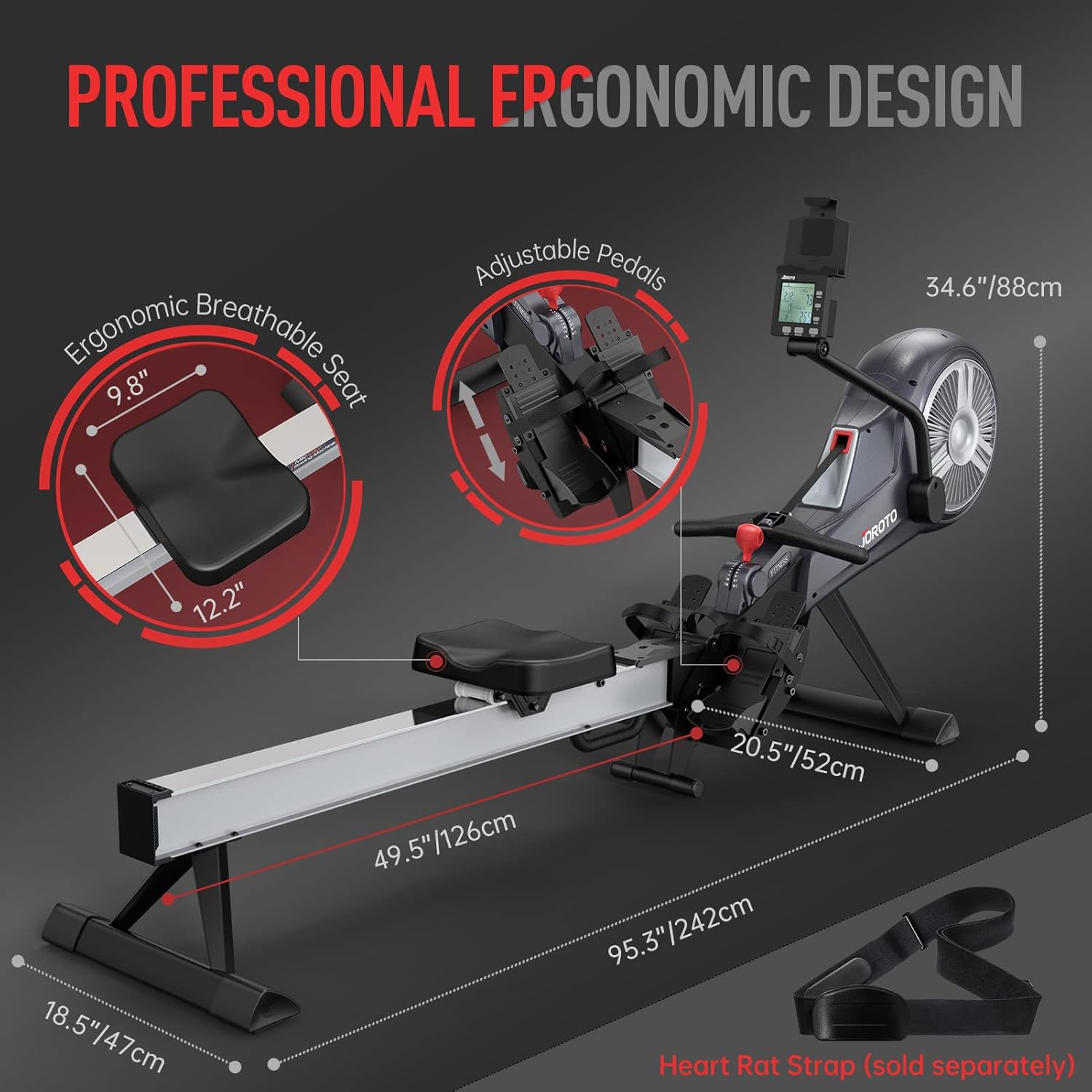 JOROTO Rowing Machine for Home Foldable, Air Magnetic Rowing Machines with 10-Level Adjustable Resistance, Quiet Ergonomic Seat,Bluetooth App, Max 350LBS, Space-Saving Home Gym, Gray - Image 5