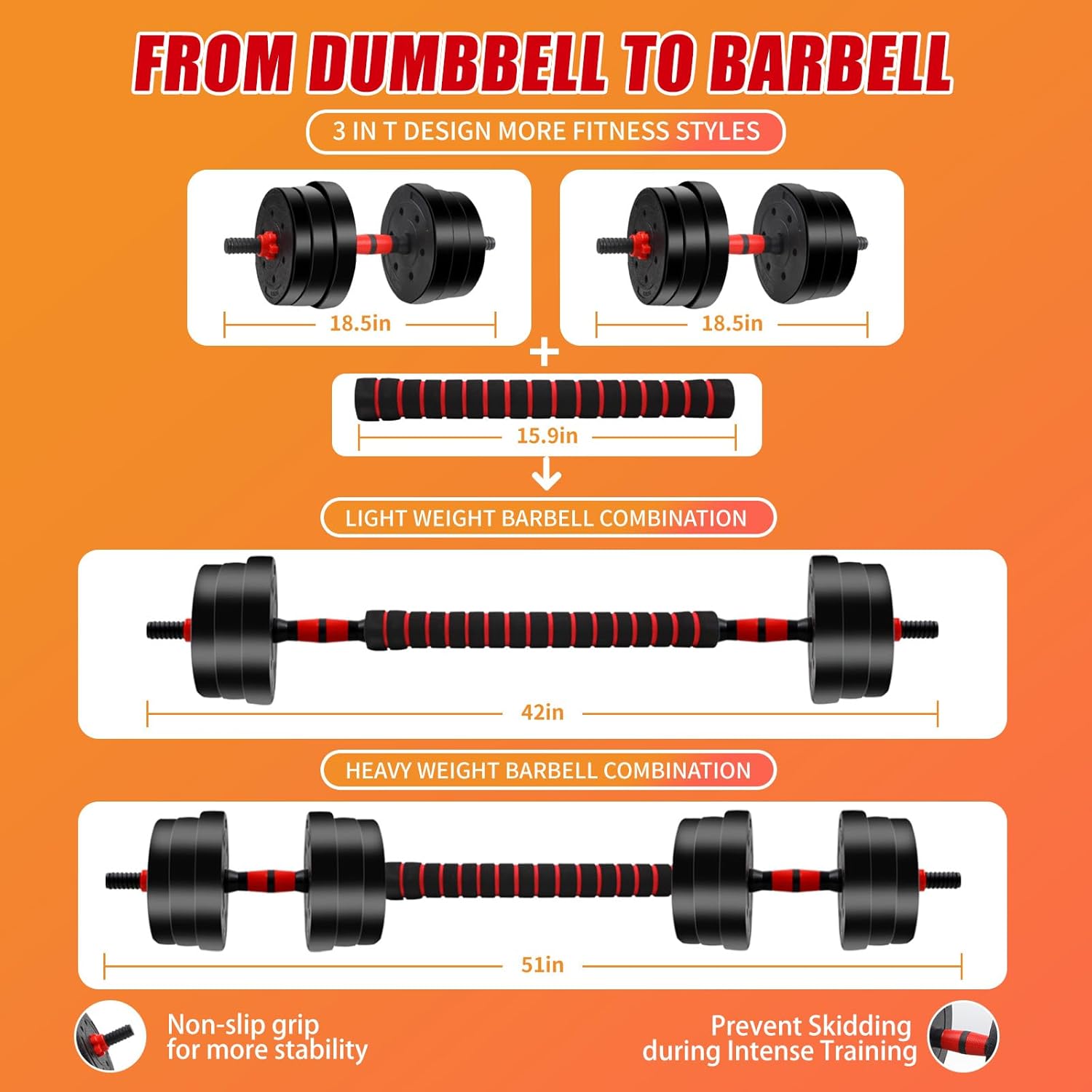 Adjustable Weights Dumbbells Set, 40lbs Free Weights with Connector, Convertible Dumbbell Barbell Push-up Stand Set, 3 in 1 Home Gym Fitness Weight Set for Men and Women - Image 2