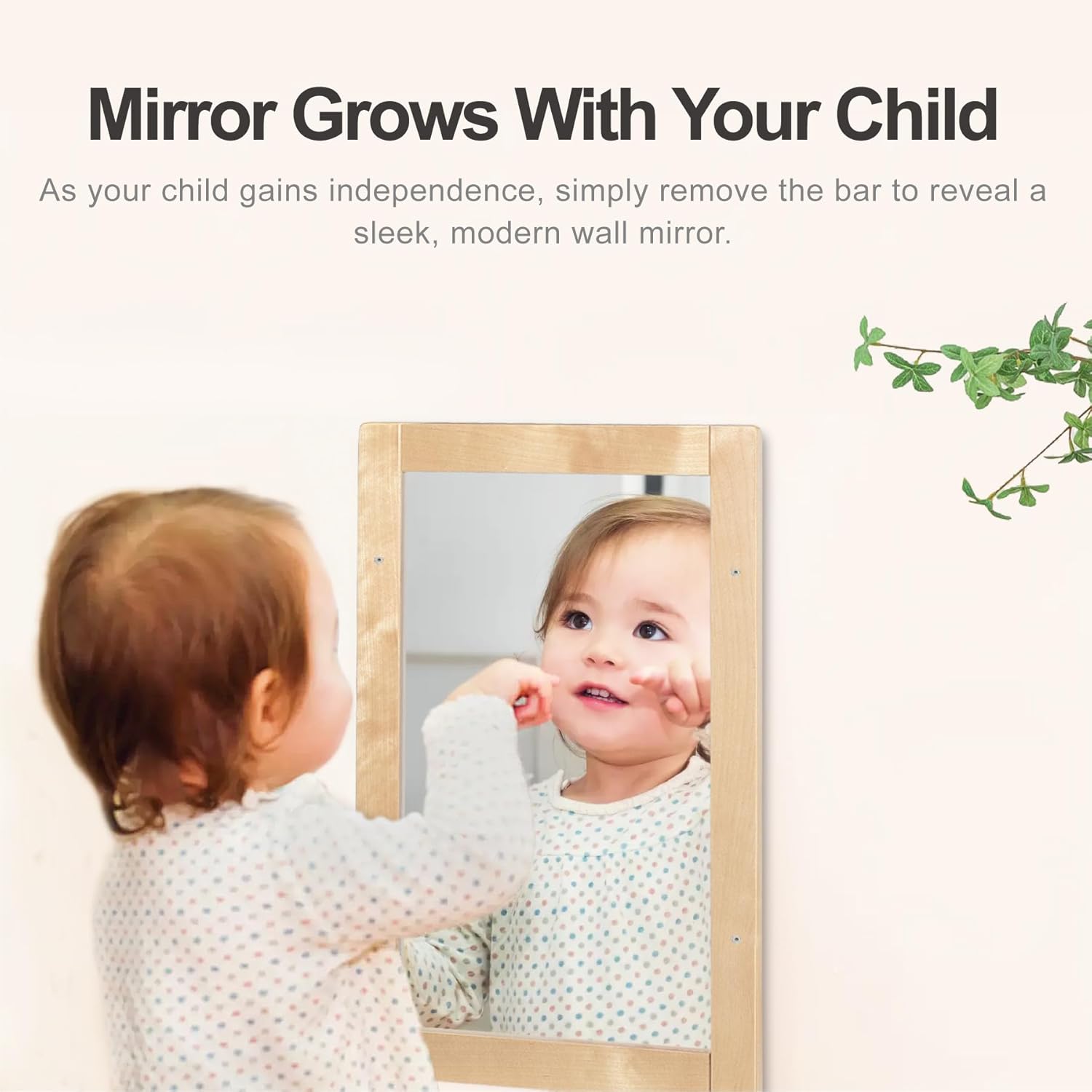 Baby Montessori Wooden Frame Non-Shatter Safety Mirror w/ 2 Pull Up Bars, Infant Coordination Small Mirror for 6-18 Months (Natural) - Image 7