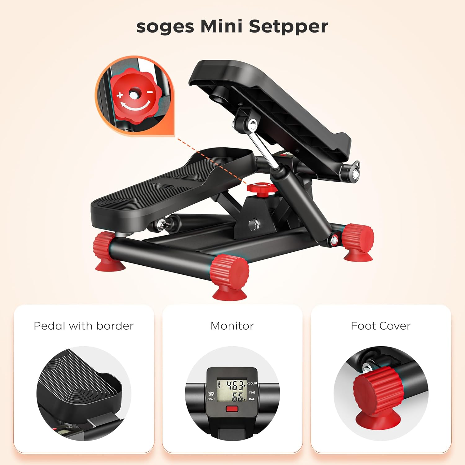 soges Steppers for Exercise at Home, Mini Stepper with Resistance Bands, Stair Stepper Machine with 300LBS Loading Capacity, Hydraulic Step Exercise Equipment with LCD Monitor, Red - Image 8