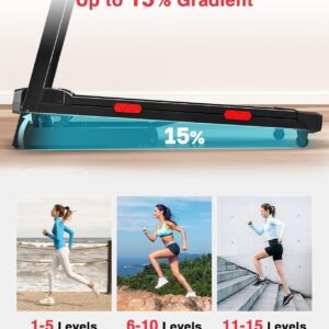 Redliro Treadmill with 15% Auto Incline – 350 lbs Capacity Foldable Running 3.0HP Treadmill for Home – Adjustable Handrail Height – APP & Voice Control – Bluetooth Speaker (Black)
