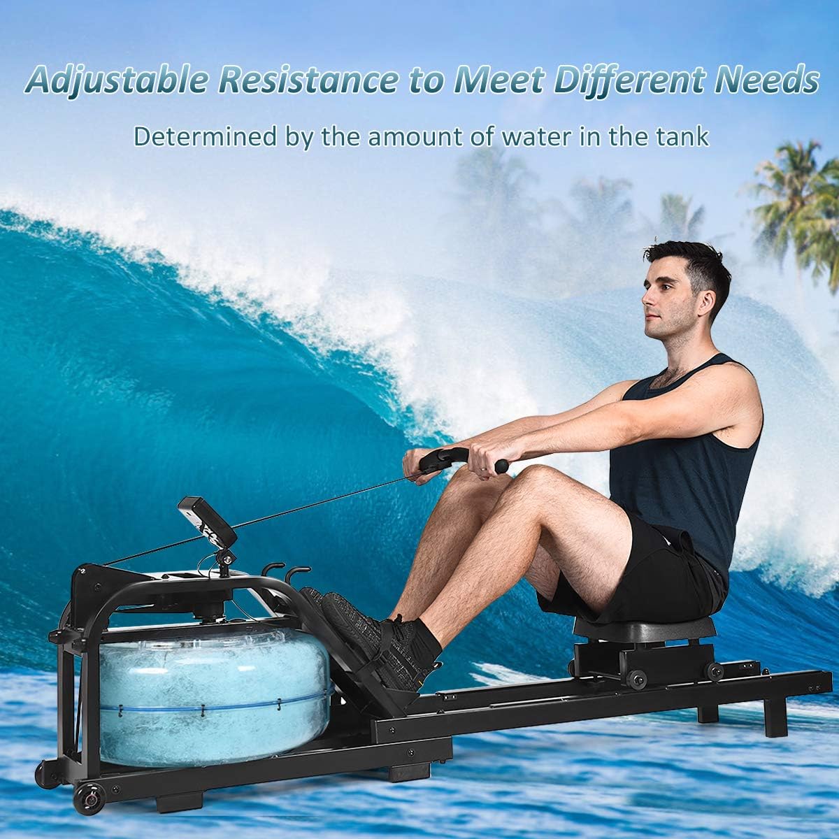 GYMAX Water Rowing Machine, Water Rower with Adjustable Resistance & LCD Display, Easy-Transportation Rower for Whole Body Exercise Cardio Training - Image 6