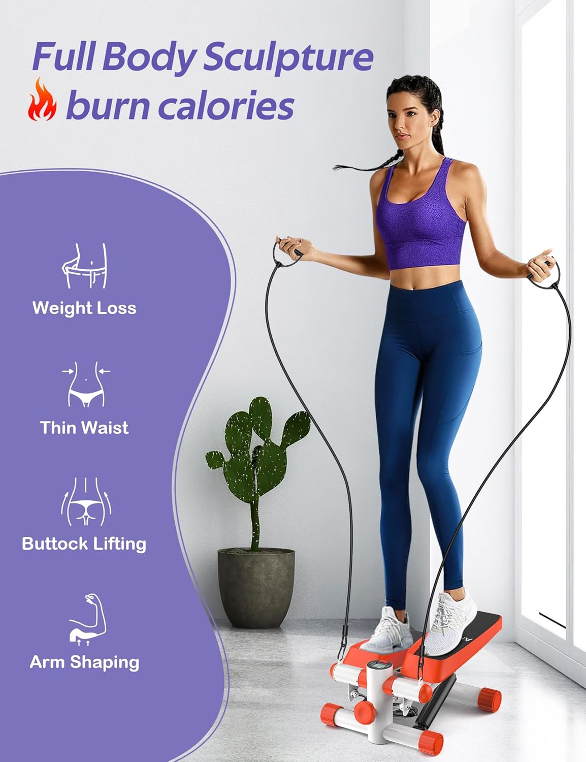 Amicus Mini Stepper for Exercise, Stair Stepper with Resistance Bands, Hydraulic Fitness Stepper Exerciser Machine for Home, 330lbs Weight Capacity, Orange White - Image 3
