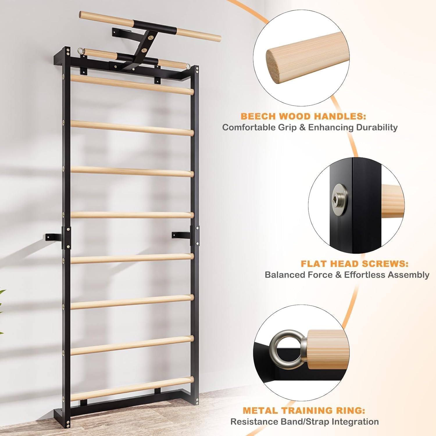 Swedish Ladder, Wood Stall Bars Suspension Trainer with Pull-Up Bar & Rings for Straps, Swedish ladders Wall Gym Adult, Wall-Mounted Workout Ladder for Home, Gym, School - Image 4