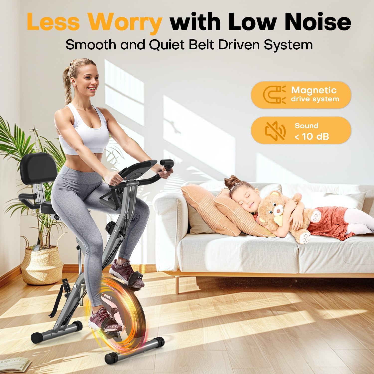 Exercise Bike, MOSUNY 5-in-1 Stationary Bike With 10DB Super-Silent, Folding Exercise Bike with 16-Level Adjustable Magnetic Resistance, 350 LBS Indoor Cycling Bike For Home Workout - Image 4