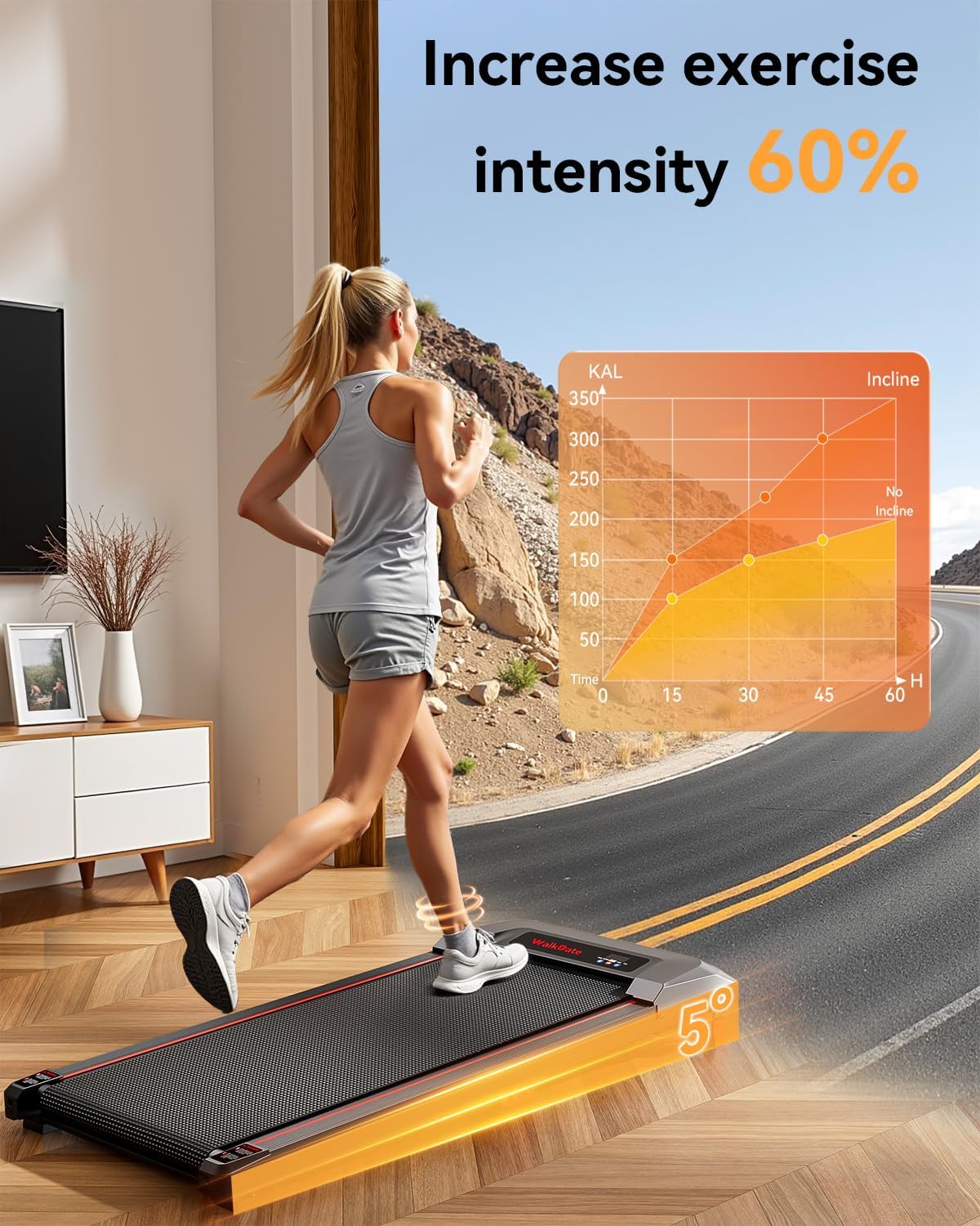Walking Pad, Incline Walking Pad Treadmill, Under Desk Treadmills 265 Lbs Capacity, 2.5HP Low Noise Portable Running Machine for Home and Office, with LED Display, Remote Control - Image 2