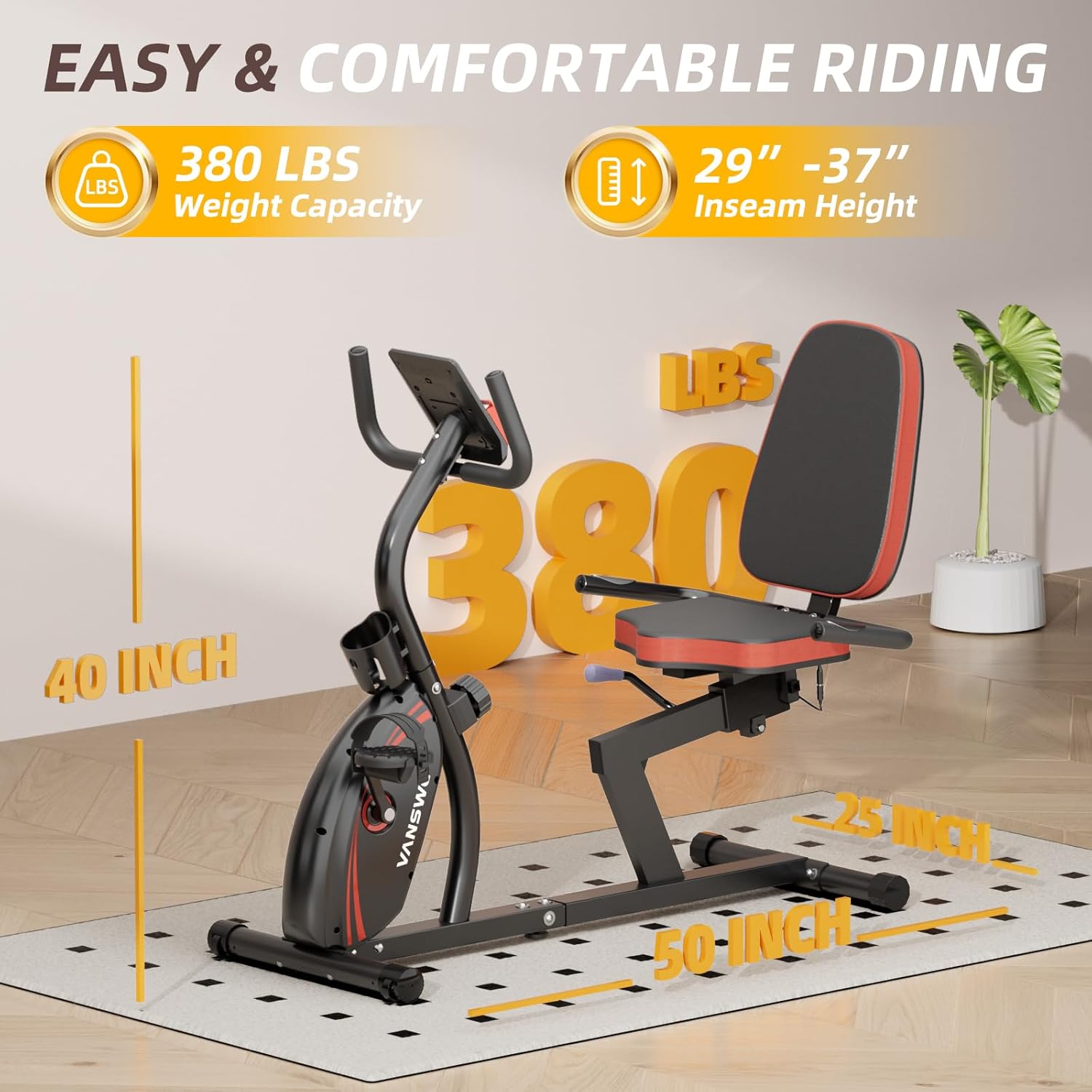VANSWE Recumbent Exercise Bike, Recumbent Stationary Bikes for Home 400 LBS Weight Capacity, Exercise Bike for Home Seniors with Smart App and Bluetooth Connectivity, LED Display, Pulse Handle - Image 5