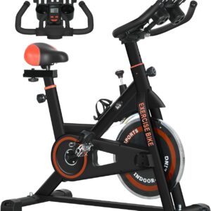 Soozier Exercise Bike, Flywheel Indoor Stationary Bike, Adjustable Height and Resistance, with LCD Monitor, Comfortable Seat Cushion, 264 lbs Capacity, Black and Red
