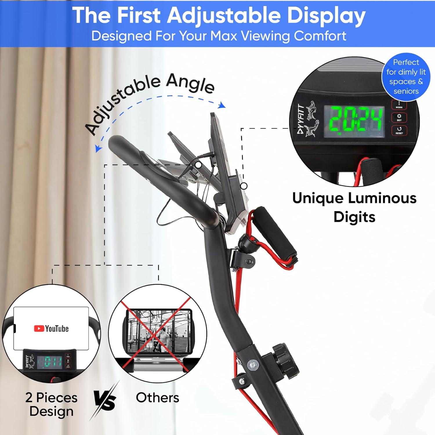 YYFITT 3-IN-1 Exercise Bike with Luminous Digits Display | Folding Stationary Bikes for Home Seniors | Compact Workout Bike with Fully Support Backrest - Wider Seat - 16 Level Magnetic Resistance - Image 7