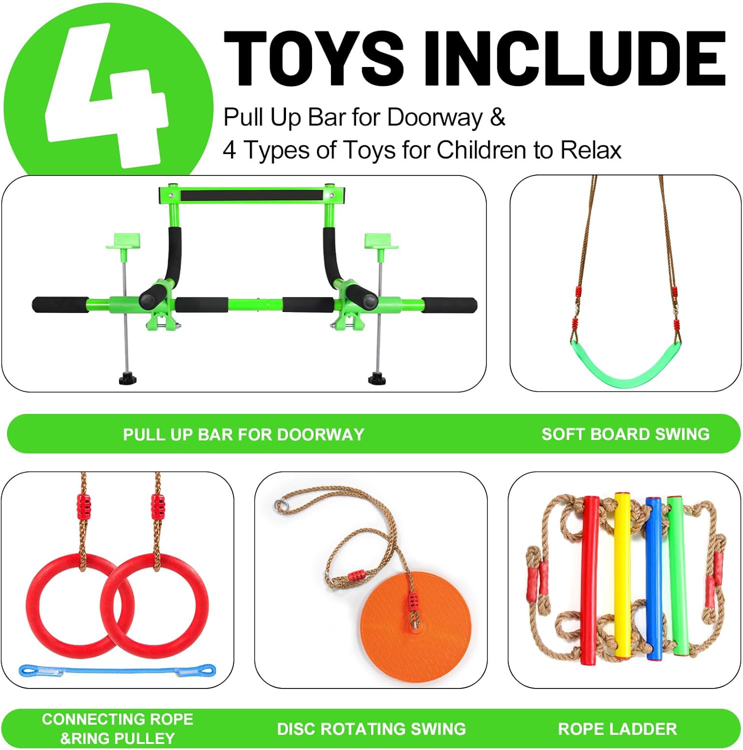 Doorway Swing for Kids & Door Pull Up Bar for Adults - Indoor Kid Swing with 4pcs Accessories - Multi-Function Doorway Gym for Family Fitness & Play (Green) - Image 2
