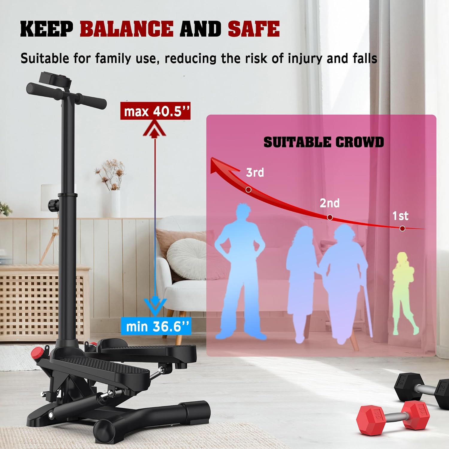 Steppers for Exercise at Home,Mini Stair Stepper with Handlebar and Resistance Bands,Stair Step Workout Machine,Total Body Cardio Equipment, Optional Twist Motion,Non-Slip Pedals – 300 LB Max Weight - Image 6