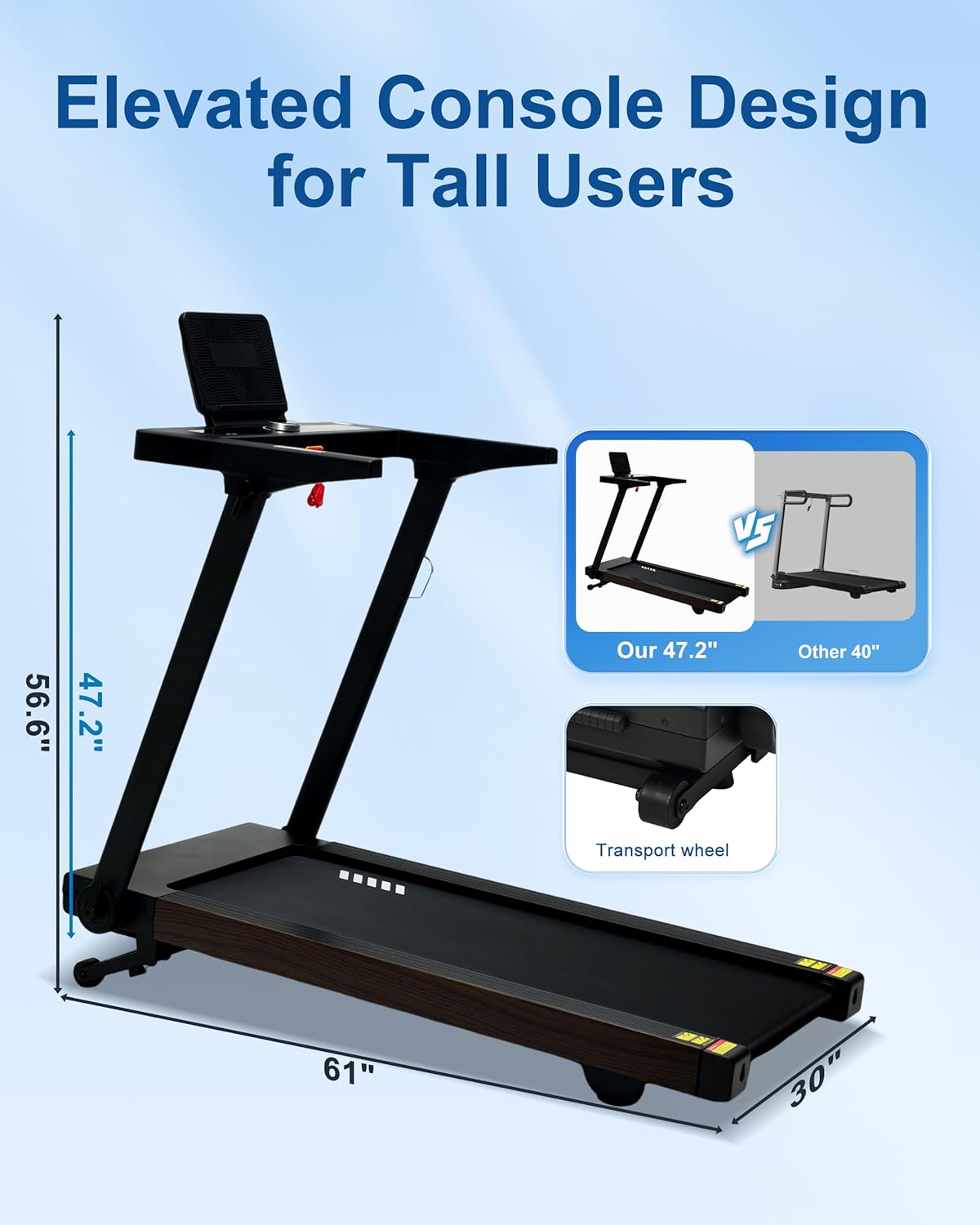 Foldable Treadmill with Auto Incline - 4 Hp 18.9 Inch Wide Treadmills for Home Seniors, 400 Lb Capacity, Backlit Knob Led Display, Shock Absorbent, Bluetooth App and Speaker, 12 Mph Speed - Image 3