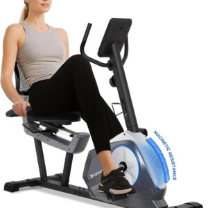 ALPHA CAMP Recumbent Exercise Bike 16-Level Resistance Magnetic Stationary Bike with Bottle Holder Adjustable Wide Cushioned Seat for Home,Heart Rate Handle,LCD Monitor, Bluetooth App Connectivity