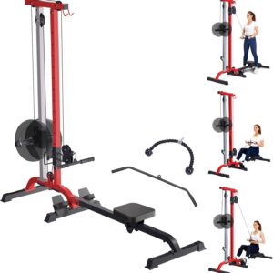2 in 1 Rowing & Cable Machine, LAT Pull Down with Adjustable Weight and Seat, High and Low Pulley Station, LAT Bar and Cable Bar Multi-Function Compact Rowing Machine for Home Gym