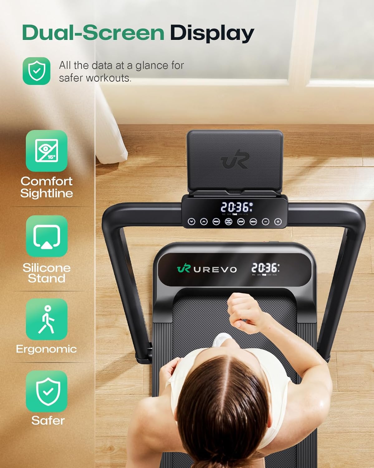 Smart Treadmill with 9% Auto Incline, Hiking and Running Walking Pad Treadmills for Home Office, Treadmill with UREVO APP, AI Powered Music Course, HIIT Programs Synced to Scenic Route, One-Click Mute - Image 8