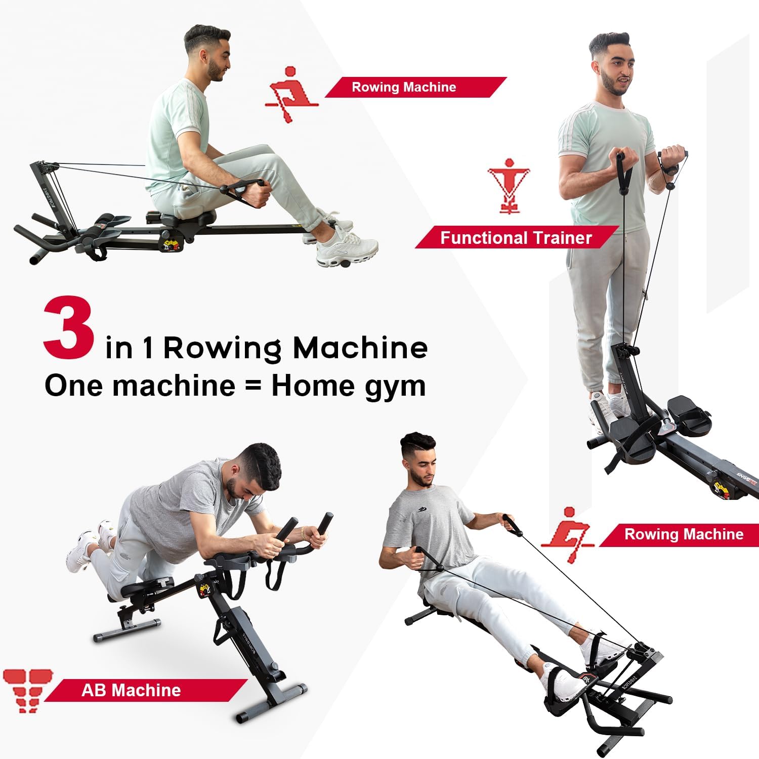 Tousains 3 in 1 Foldable Rowing Machine, AB Machine with 3 Level Angle & Led Monitor, Multi-Functional Rower Fitness Equipment Home Gym Full Body Fitness Machine - Image 2