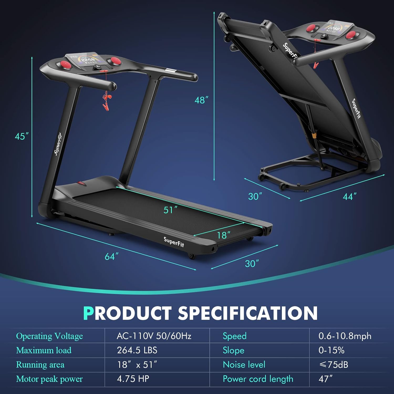 Goplus 4.75HP Folding Treadmill with 15% Auto Incline, Electric Superfit Treadmill w/Voice and APP Control, 20 Preset Programs, LED Touch Screen, Walking Jogging Running Machine for Home Office - Image 9
