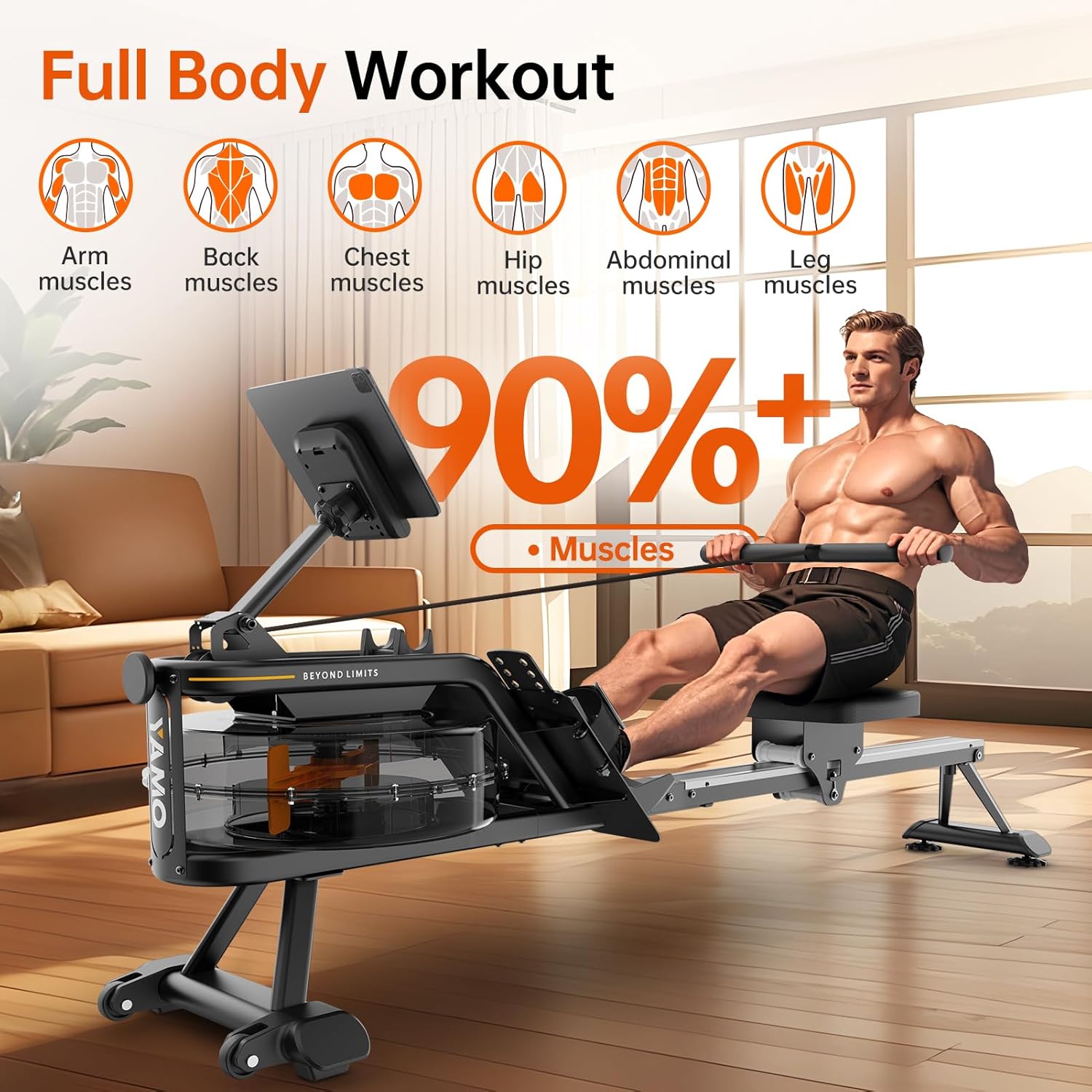 YAMO Water Rowing Machine for Home, Row Machine with 330LB Weight Capacity, Support Bluetooth & Compatible with Apps, Water Row Machine with Comfortable Seat and Tablet Holder - Image 4