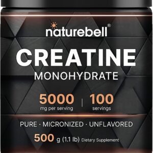 NatureBell Creatine Monohydrate Powder 500g, 5,000mg Per Serving | Micronized, Pure & Unflavored | Pre-Workout Muscle Support | Keto, Vegan, Filler-Free | 100 Servings (1.1 lb)