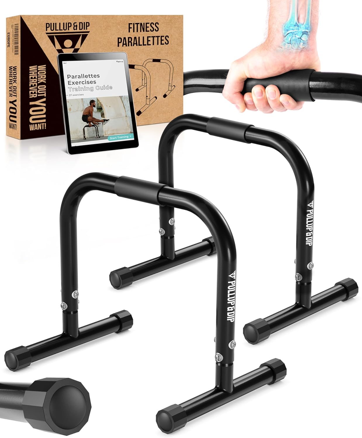 PULLUP & DIP Fitness Parallettes, Medium Parallette Bars For Calisthenics, Crossfit & Gymnastics, Handstand Bars With Extra Wide Handle & No Wobbling
